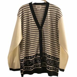 Rafael Cream Navy V-Neck Striped Cardigan Sweater Size L